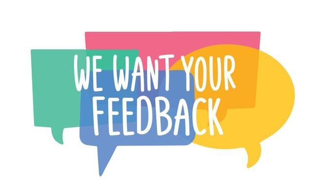 We want your feedback written in front of colorful text boxes.