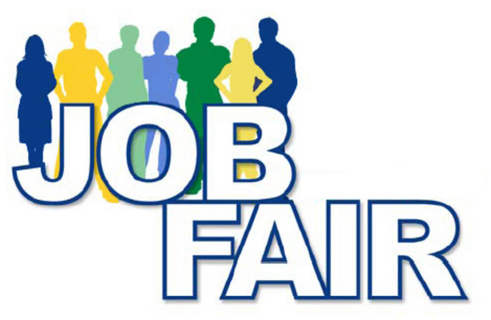 Silhouettes of people using blue green & yellow with job fair in front