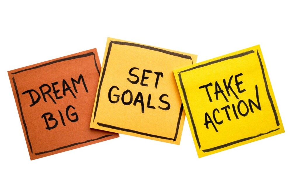 Post it notes with Dream Big, Set Goals, Take Action written on them