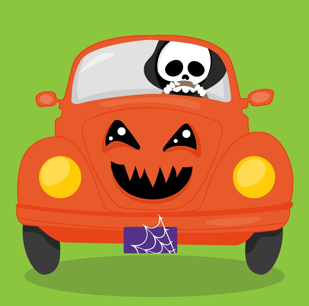 Cartoon Skeleton Driving Pumkin Car